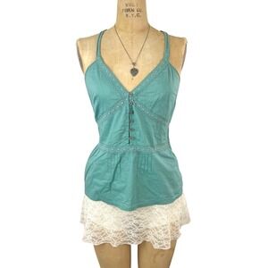 Cottegecore Cami Crochet Lace Button Front Teal Sz S Boho Indie Hippie Coastal